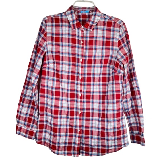 J.Mclaughlin Red Plaid Button Down Shirt Women’s Medium Long Sleeve 100% Cotton